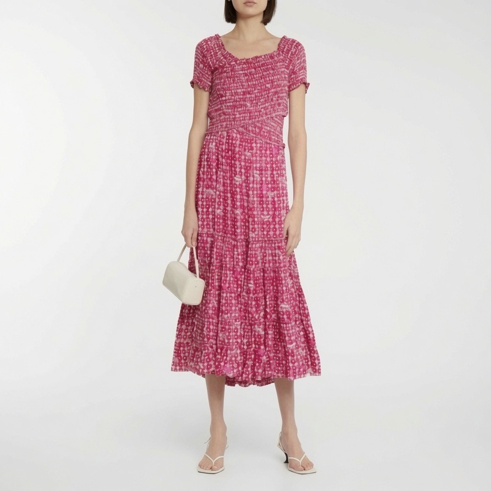 Poupette St Barth Soledad Ruched Smocked Midi Dress Pink Floral Womens Size M